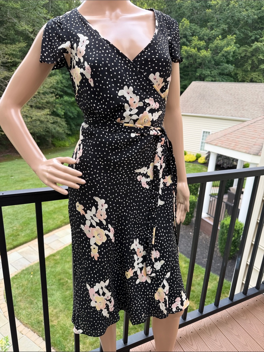Banana Republic Black Floral Wrap Midi Dress with Pink and Cream Accents
